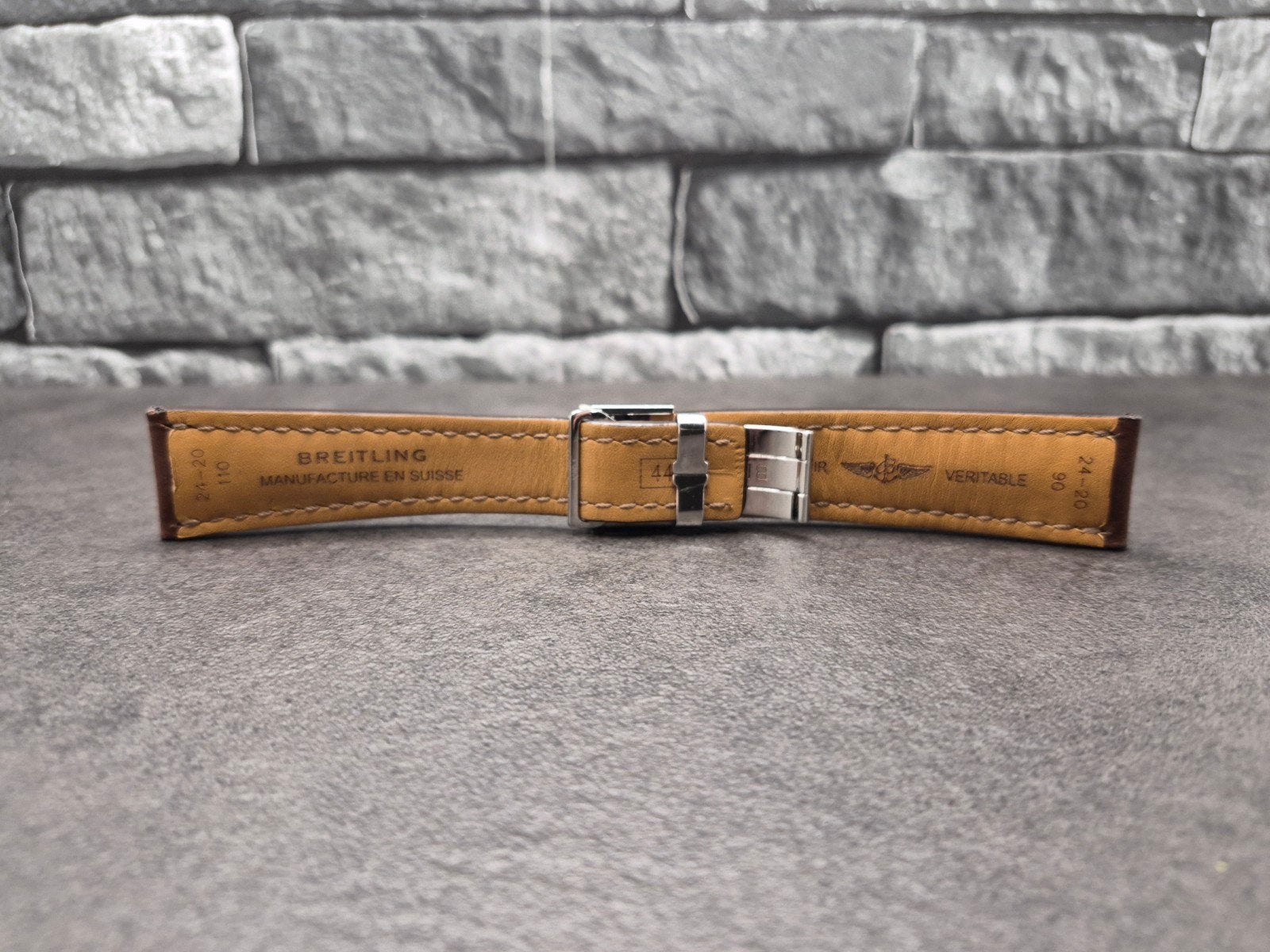 Breitling horlogeband leder + vouwsluiting, 24mm aanzet, Overige materialen, Leer, Zwitserland, Breitling