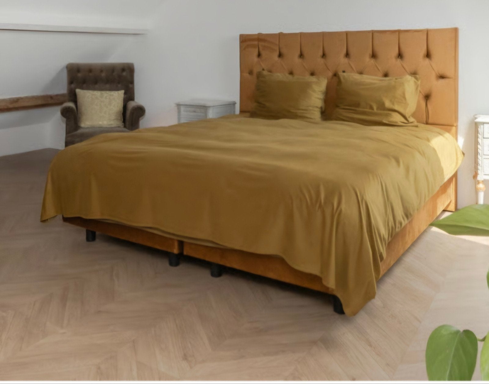 Supermooie boxspring cognac velvet zgan 180x200, Huis en Inrichting, Ophalen, Zo goed als nieuw, Tweepersoons, 180 cm