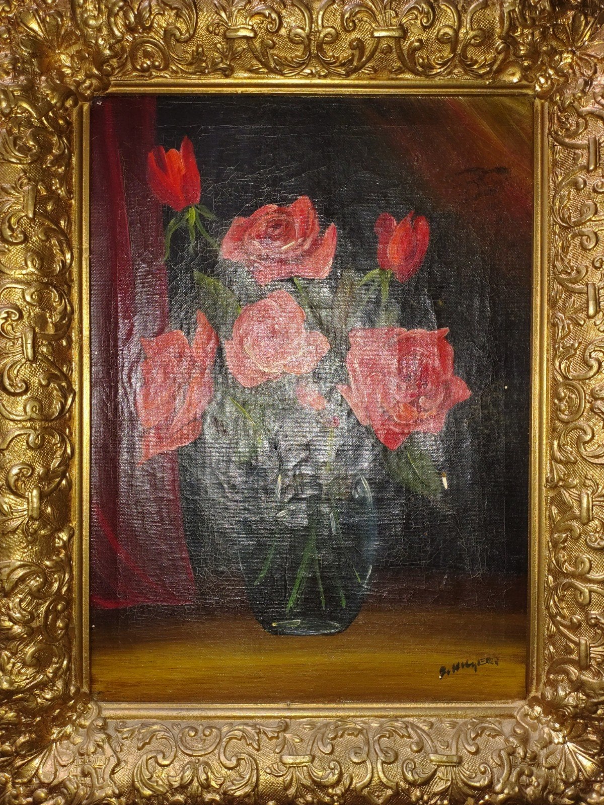 Olieverfschilderij: Boeket Rozen en Tulpen in Vaas, Doek, Stilleven, Ophalen of Verzenden, Gesigneerd