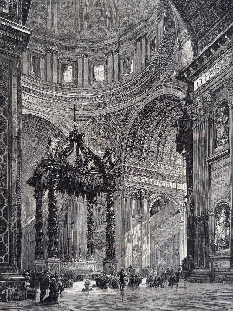 Antieke print Sint Pieter, Rome - Gravure 1877 - Bernini, Antiek en Kunst, Kunst | Etsen en Gravures, Verzenden, 30 cm, 1800 - 1899