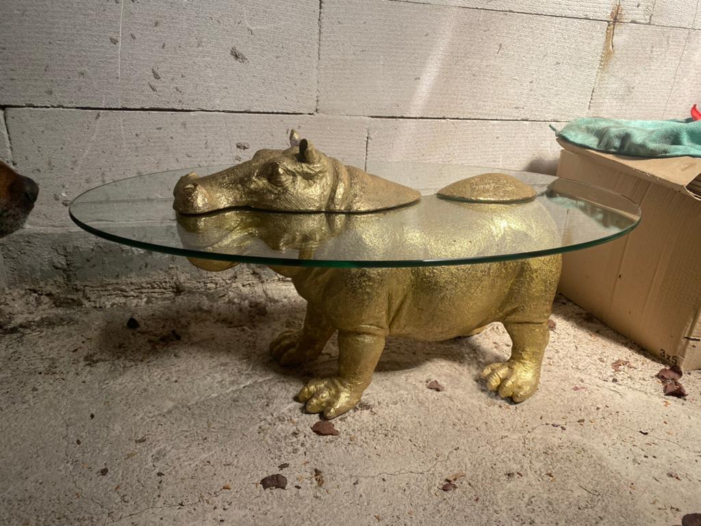 Kare Salontafel Hippo - Gouden Nijlpaard met Glazen Blad, Ophalen, Gebruikt, 100 tot 150 cm, 50 tot 100 cm
