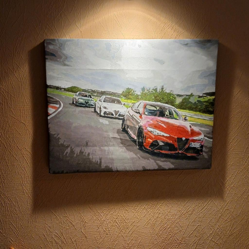 Schilderij 3 Alfa Romeo's - Handgeschilderd Kunstwerk, Antiek en Kunst, Ophalen of Verzenden