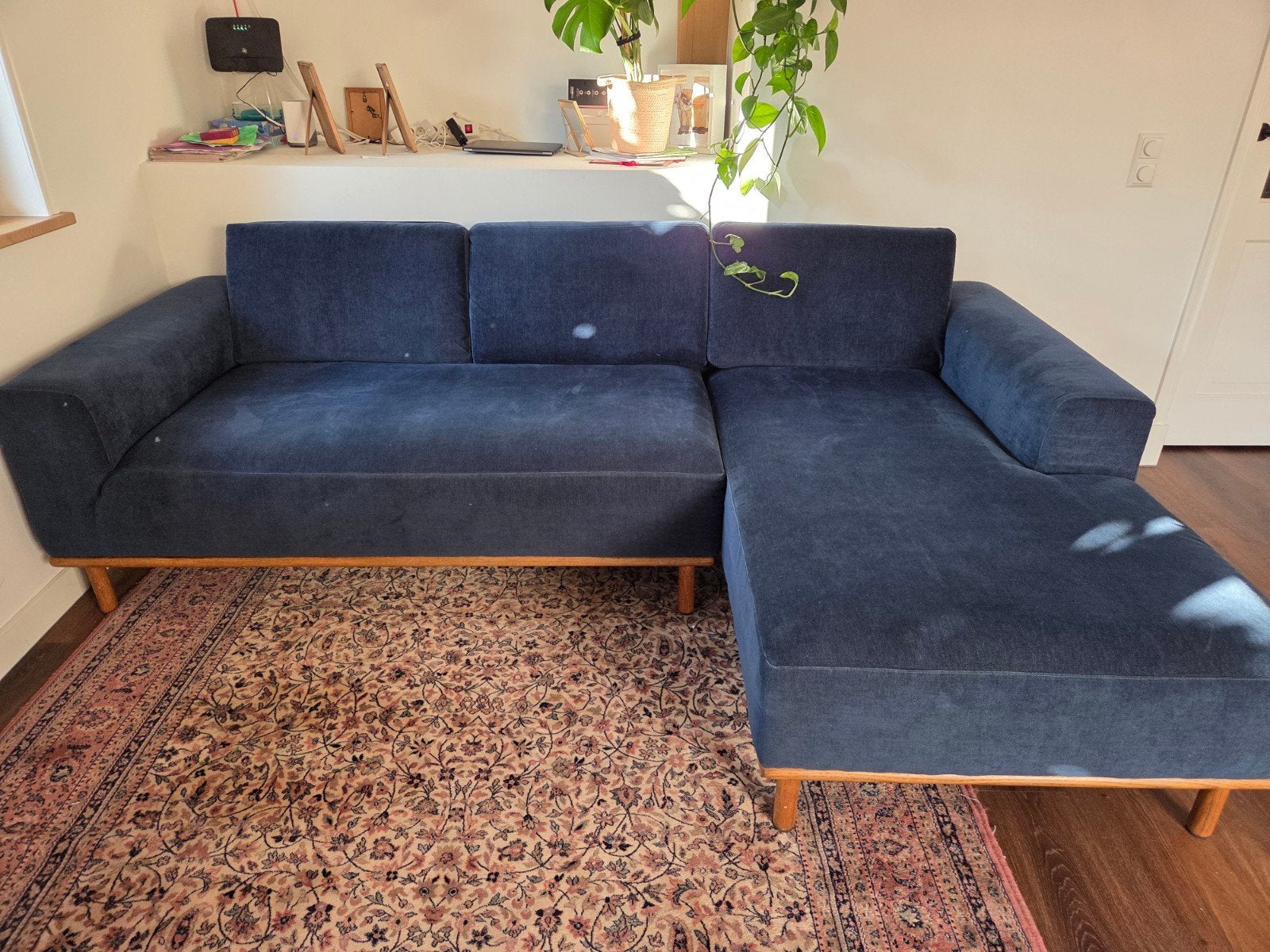 Comfortabele vintage  blauwe chaise longue bank, Ophalen, 250 tot 300 cm, Gebruikt, Hoekbank