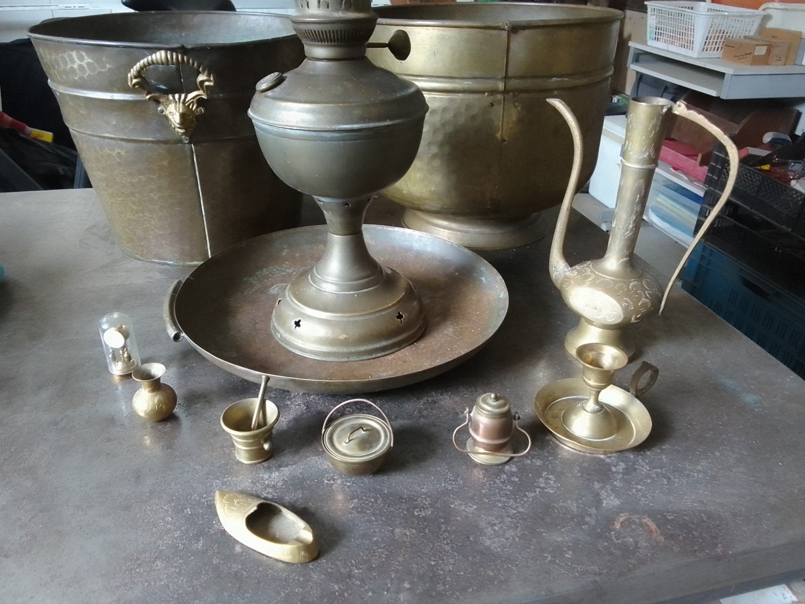 collectie messing decoratie: potten, lamp, schaal, mini's, Ophalen