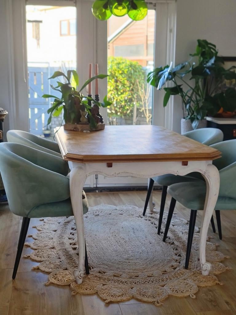 Vintage brocante landelijk Queen Anne uitschuifbare eettafel, Ophalen, 50 tot 100 cm, Zo goed als nieuw, Vijf personen of meer