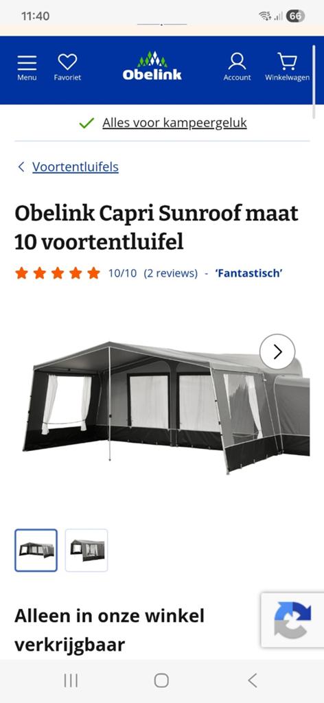Voortentluifel Obelink Capri Sunroof maat 10, Caravans en Kamperen, Ophalen, Zo goed als nieuw