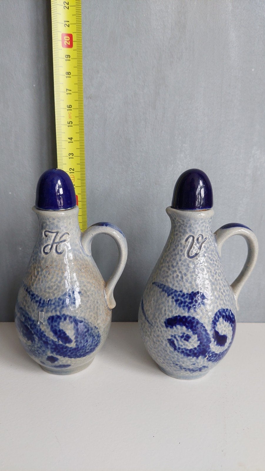 Vintage klein olie en azijnstel - Keramiek Blauw/Grijs, Ophalen of Verzenden