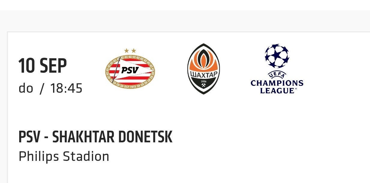 PSV - Shaktar. Vak S., Tickets en Kaartjes, Losse kaart, Eén persoon, September, Europa of Champions League