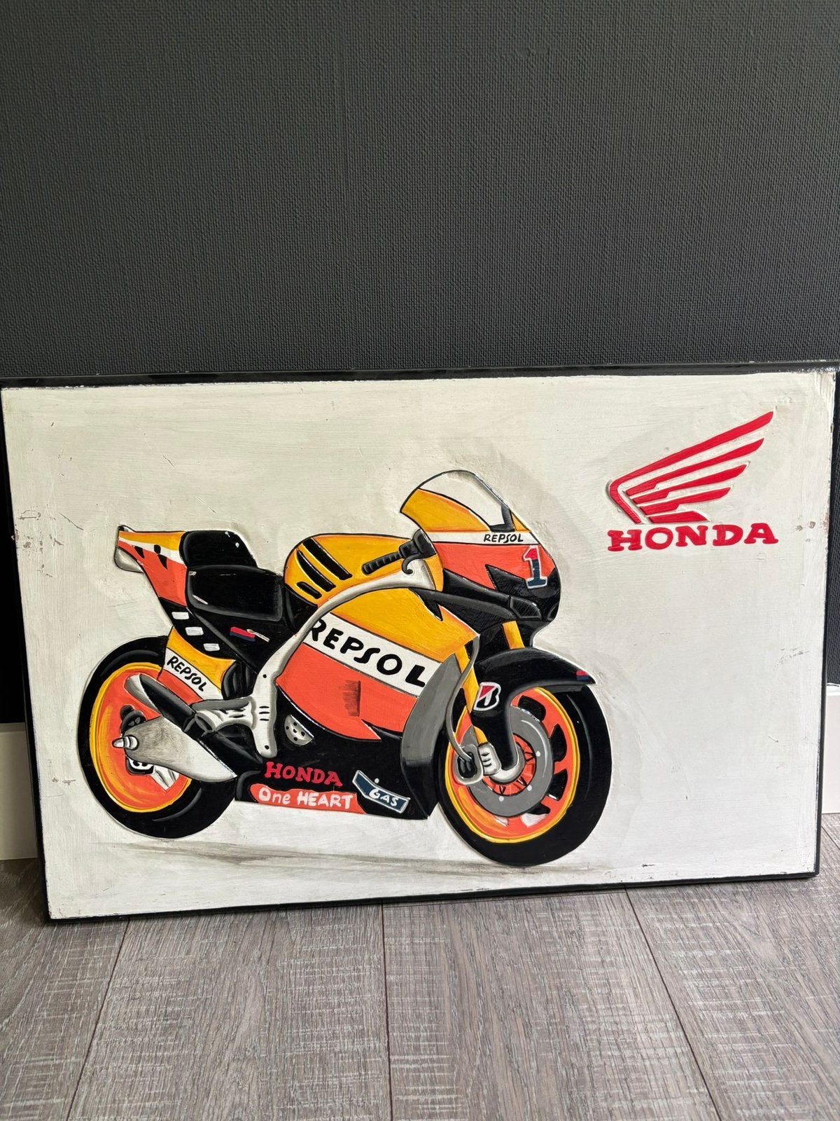 Houten schilderij met motor., Ophalen, Gebruikt, Motoren