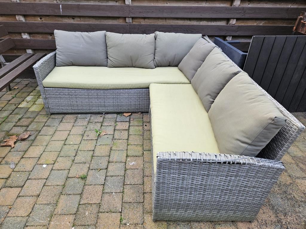 Loungeset met tafel & hockers. MOET WEG!, Tuin en Terras, Ophalen, Gebruikt, Wicker, Bank
