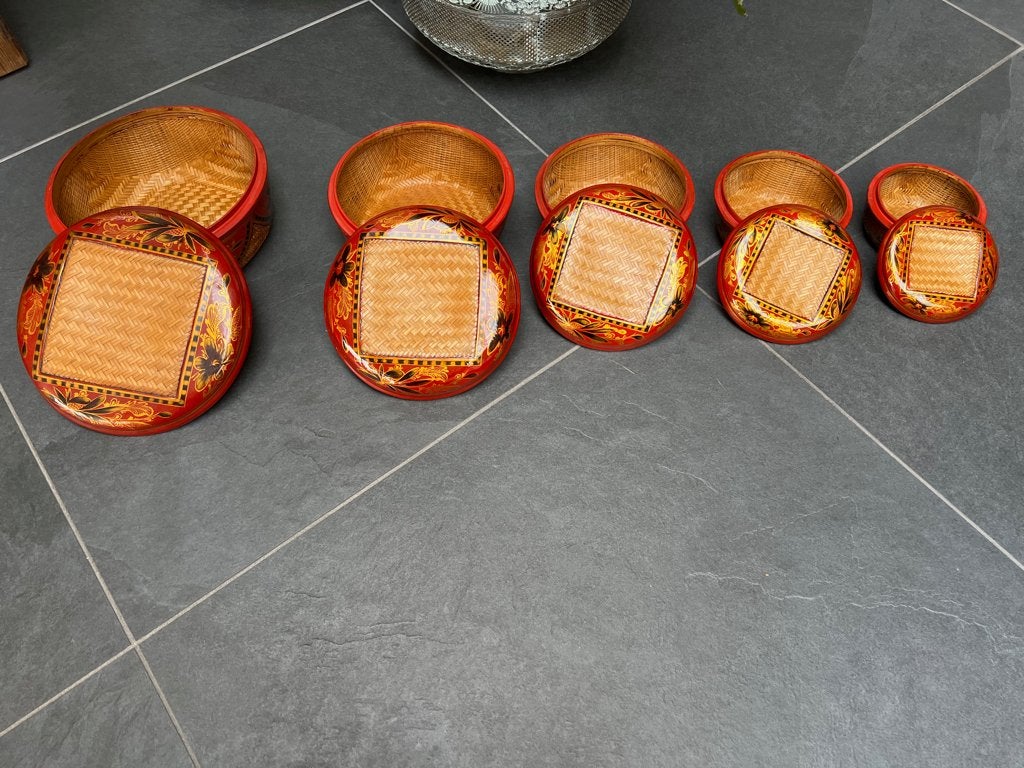 Chinese handbeschilderd Bamboe dozen mand chinees set, Gevlochten, Verburgt Vintage, Schaal, Rond
