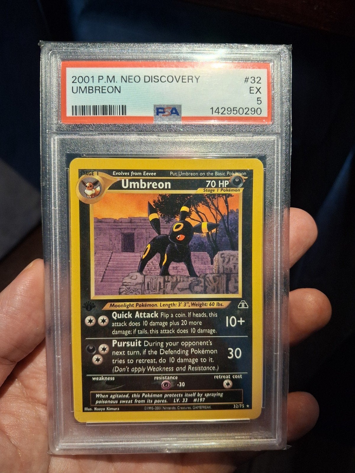 Umbreon 32/75 1st Edition Error Label PSA 5 Neo Discovery, Ophalen of Verzenden, Gebruikt, Losse kaart