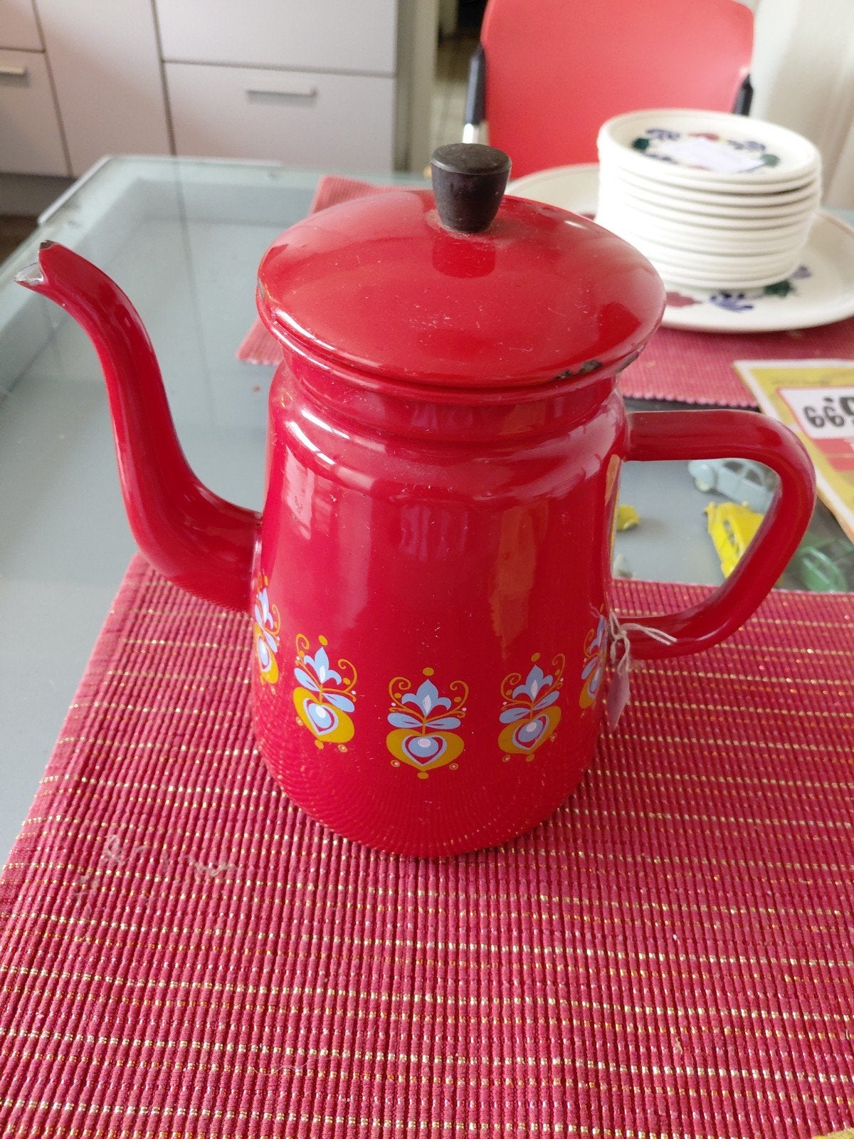 Vintage rode emaille koffiekan met decoratie - 24cm, Ophalen of Verzenden