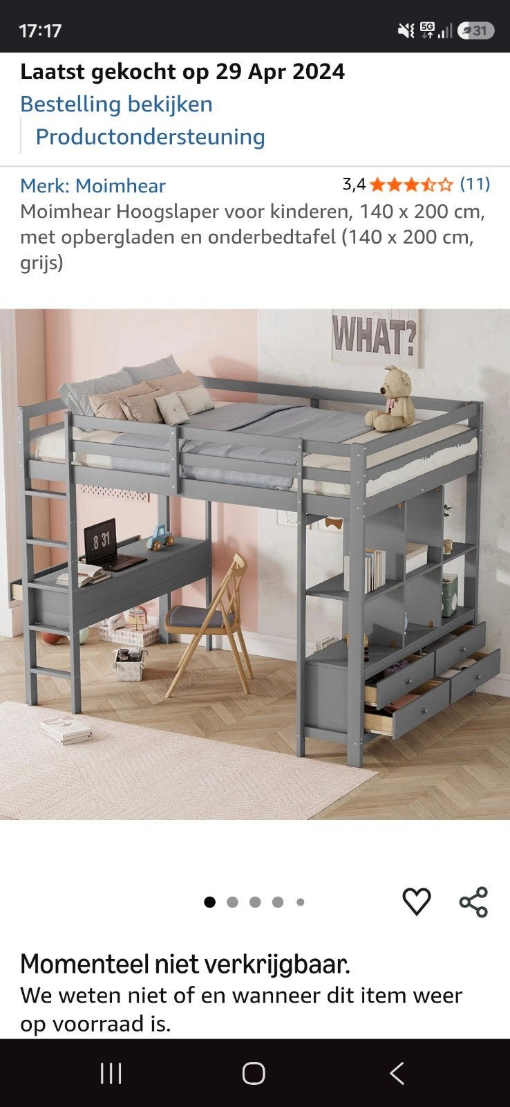 mooie hoogslaper, Huis en Inrichting, Slaapkamer | Stapelbedden en Hoogslapers, Ophalen, Hoogslaper, 140 cm, Zo goed als nieuw