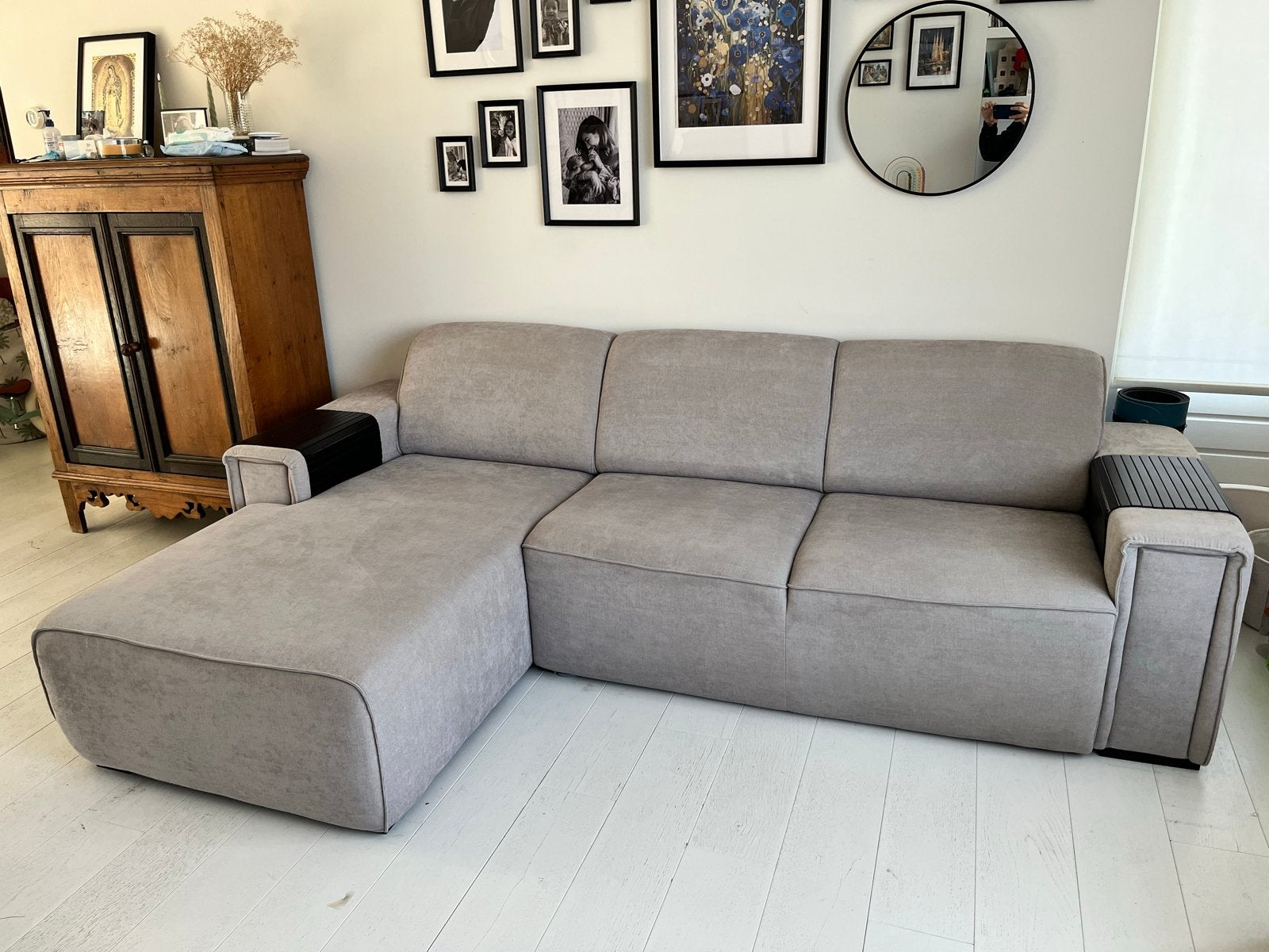 L shape Sofa - Moderne Hoekbank met Longchair - Grijs Stof, Ophalen, 250 tot 300 cm, 125 tot 150 cm, Hoekbank