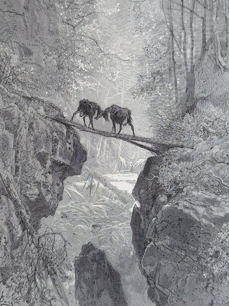 Originele houtgravure - Geiten, Aesops Fabels - Gustave Doré, Antiek en Kunst, Verzenden, Gravure, Flora en Fauna, Blanco verso