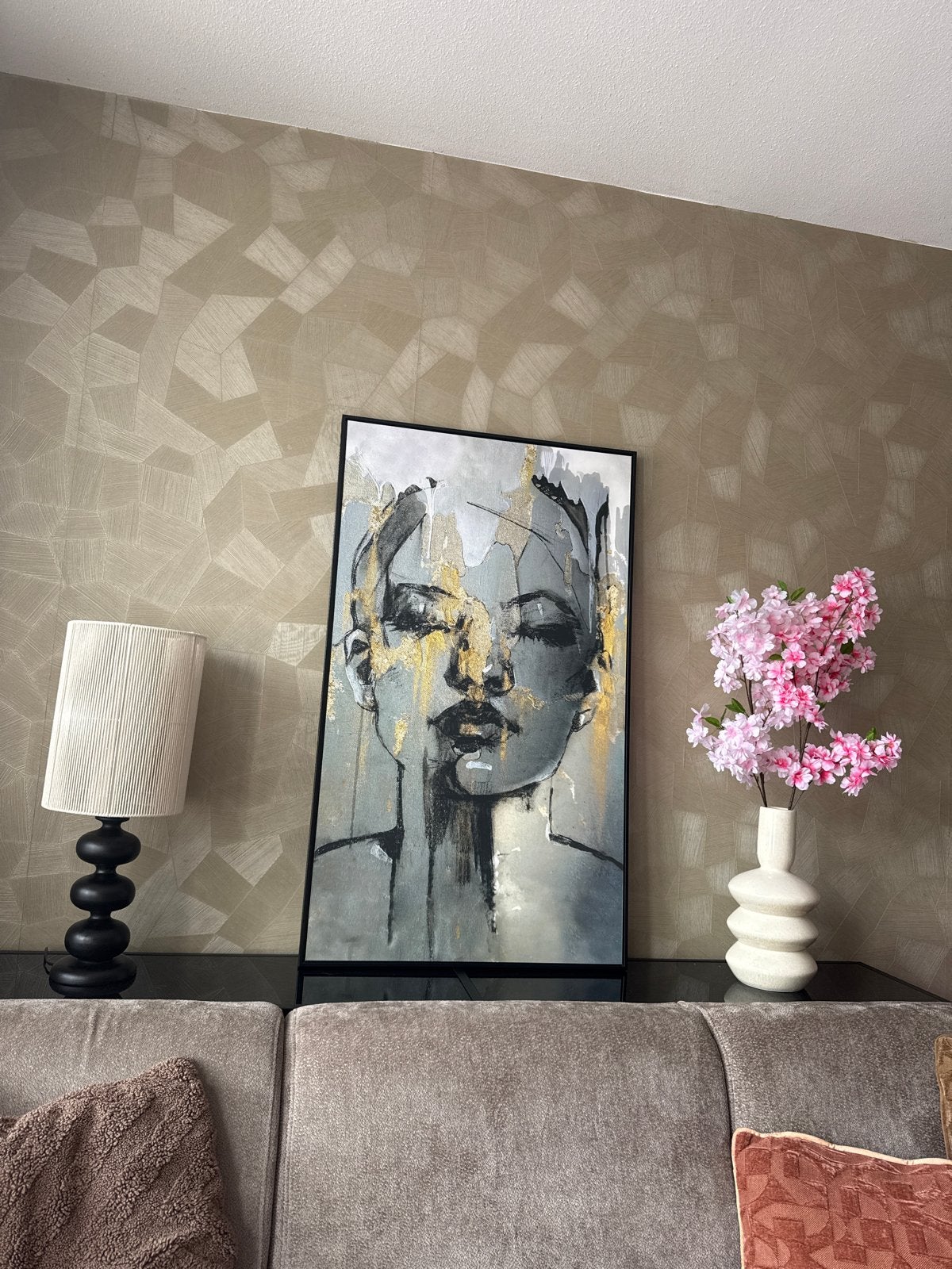 Schilderij 'Golden Face' van Leen Bakker, Gemengde techniek, Portret, Textiel, Ophalen