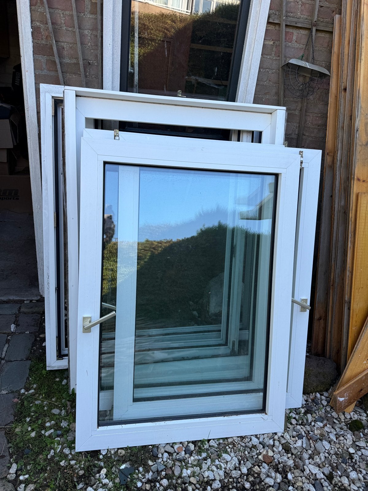 3x kunsstof kozijn met raam, Kunststof, Gebruikt, Raamkozijn, Inclusief glas