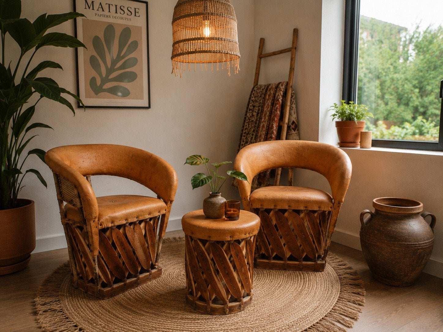 Handgemaakte Mexicaanse equipe stoelen met krukken, Ophalen, Gebruikt, Minder dan 75 cm, Leer