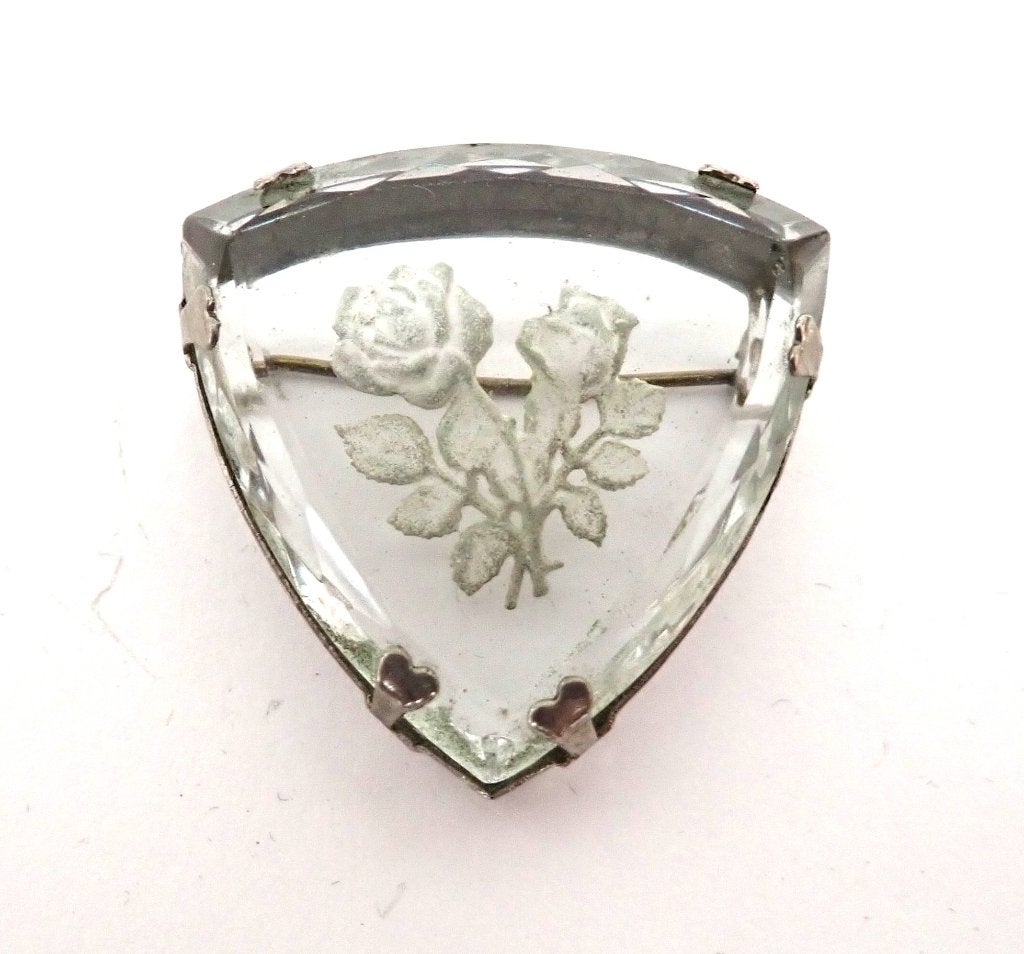 Antieke broche, gegraveerd glas, Verzenden, Zo goed als nieuw, Zilver, Overige materialen