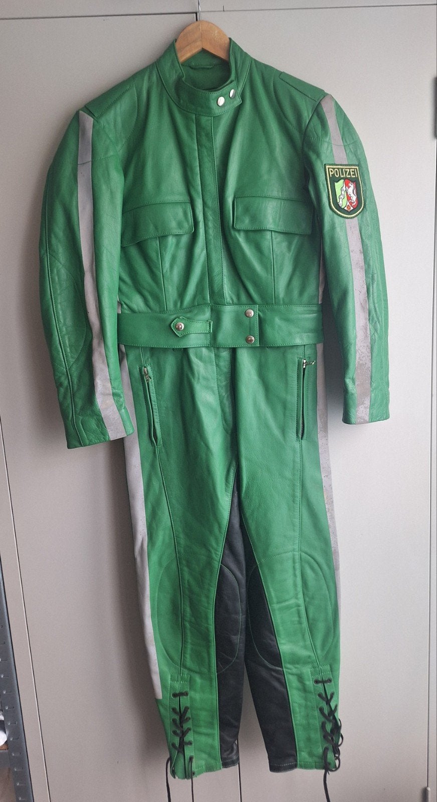 Vintage Groene Leren Motorpak "Polizei" - Maat 40, Heren, Ophalen of Verzenden, Overall, HÄCKEL & CO/MÜNSTER/W.