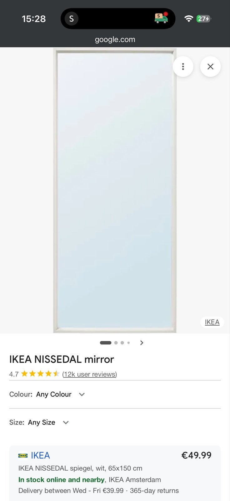IKEA NISSSEDAL spiegel wit, 65x150 cm, Huis en Inrichting, Woonaccessoires | Spiegels, Ophalen, 100 tot 150 cm, Zo goed als nieuw