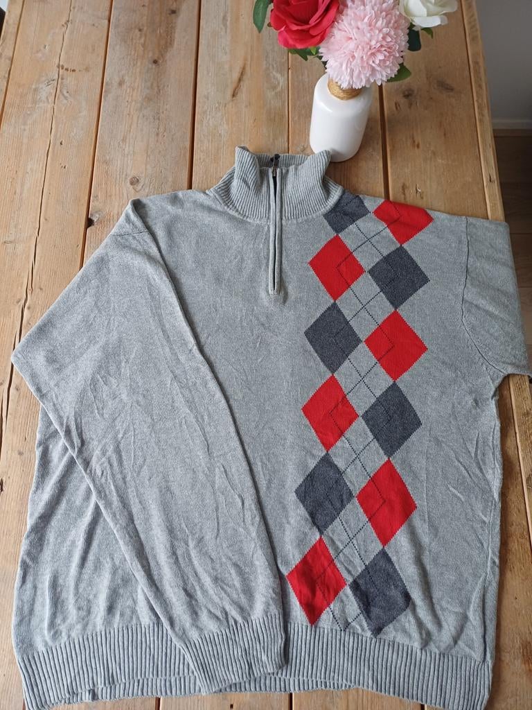 Nautica Vintage Kwart-Rits Trui – Grijs/Rood  – Maat 3XL, Kleding | Heren, Truien en Vesten, Zo goed als nieuw, Overige maten