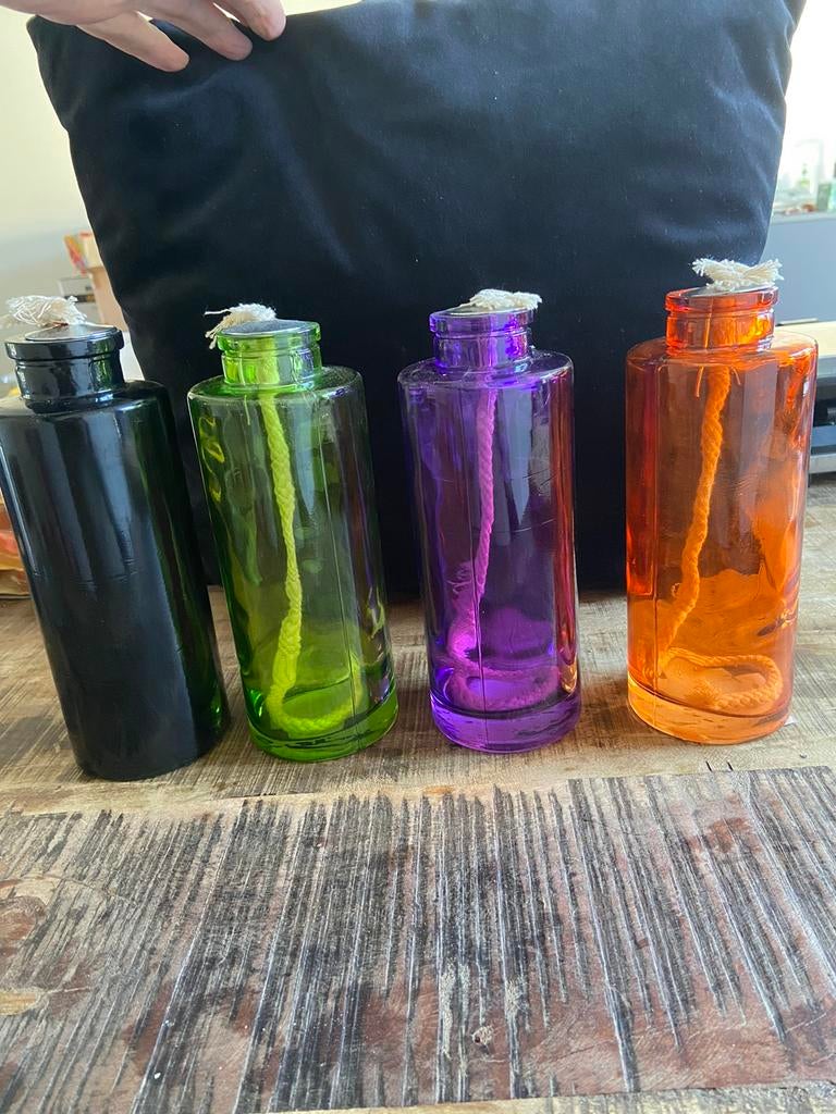Olielamp 12 stuks glas in oranje groen paars en zwart, Ophalen of Verzenden, Zo goed als nieuw