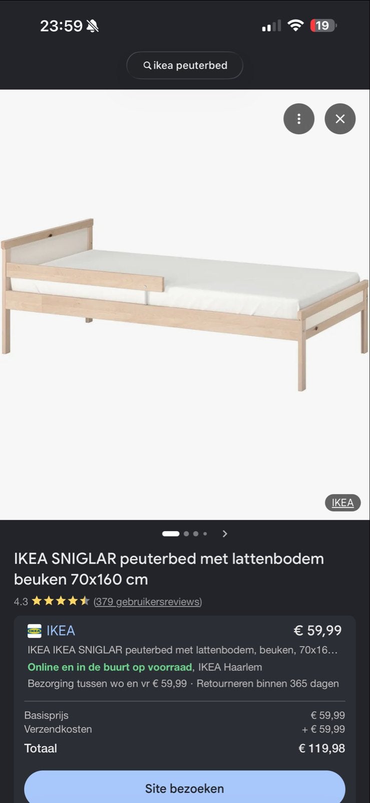 IKEA SNIGLAR peuterbed met lattenbodem, beuken 70x160 cm, Ophalen, Gebruikt, 70 tot 85 cm, Lattenbodem