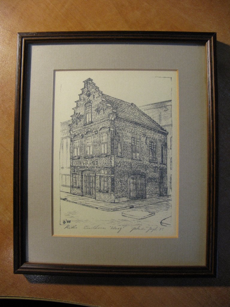 ingelijste litho John de Jongh (1935) Waaggebouw Eindhoven, Antiek en Kunst, Ophalen of Verzenden