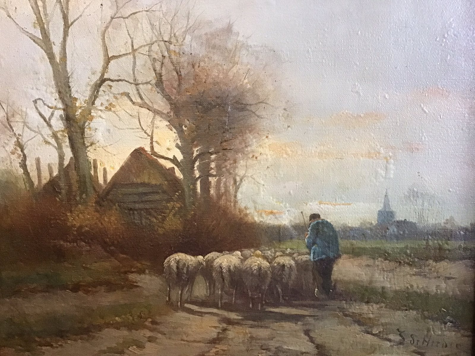 Herder met kudde schapen., Ophalen of Verzenden