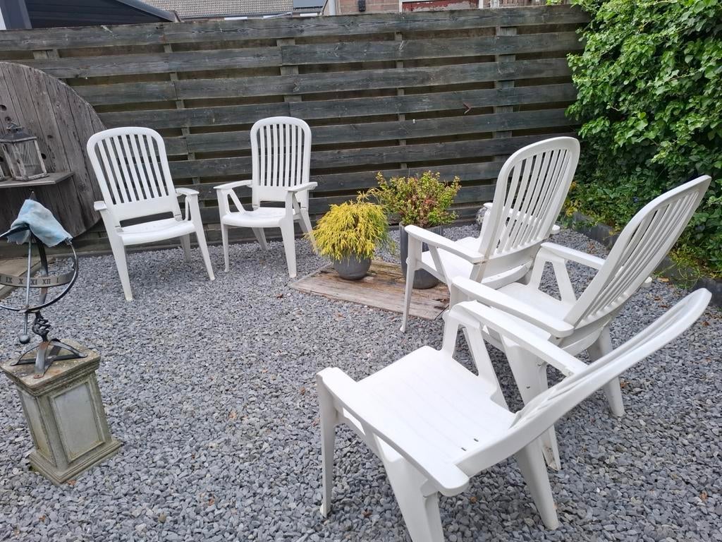 5 Grosfillex tuinstoelen met kussens en opberghoes, Ophalen, Gebruikt, Kunststof, Verstelbaar