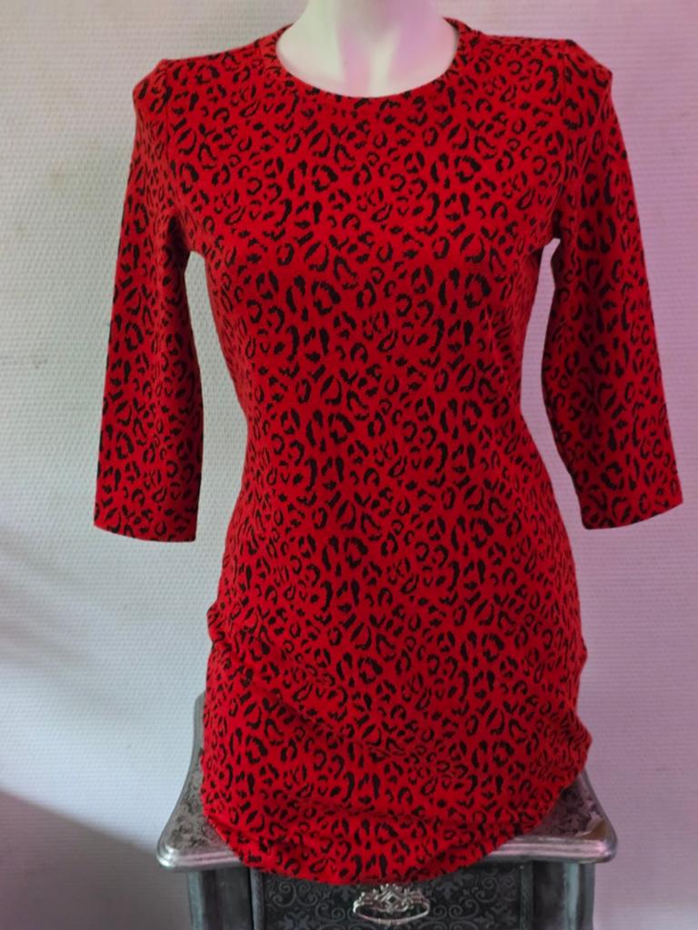Liz Devy dames Rode Jurk met Luipaardprint - Maat S, Kleding | Dames, Liz Devy, Ophalen of Verzenden, Zo goed als nieuw, Maat 36 (S)