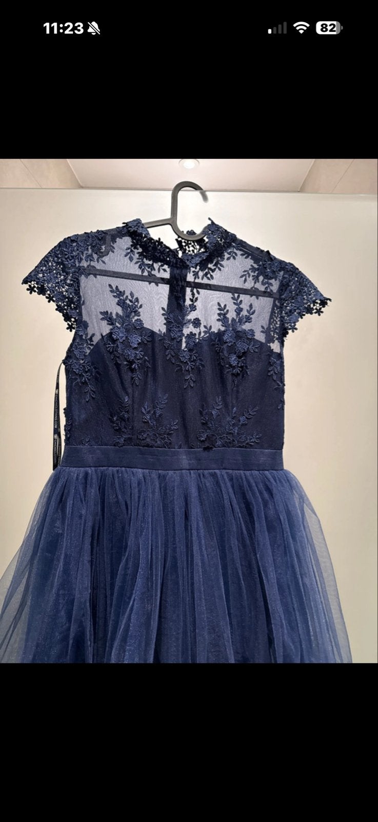 Donkerblauwe cocktailjurk met kant en tule, maat 38, Maat 38/40 (M), Blauw, Ophalen of Verzenden, Zo goed als nieuw