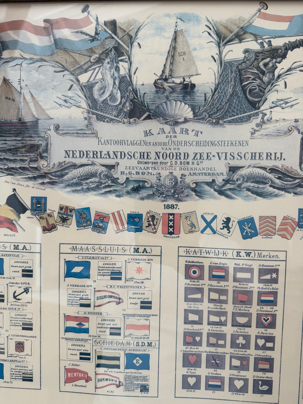 Bijzondere kaart Nederlandse Visserij - Voor kenners, Antiek en Kunst, Kunst | Tekeningen en Foto's, Kaart, Prent, Ingelijst, Ophalen