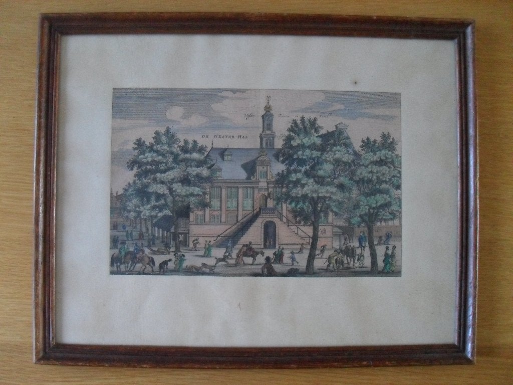 Ingekleurde gravure van de Westerhal en de Westertoren, Antiek en Kunst, Kunst | Schilderijen | Klassiek, Ophalen
