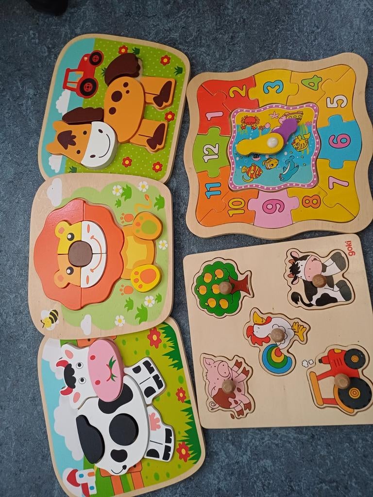 5 houten puzzels, Ophalen, Minder dan 10 stukjes, Zo goed als nieuw, 6 maanden tot 2 jaar