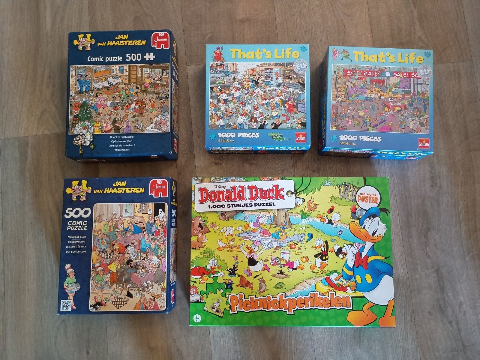 5x puzzel: Jan van Haasteren, Donald Duck en That's Life, Ophalen of Verzenden, 500 t/m 1500 stukjes, Zo goed als nieuw, Legpuzzel