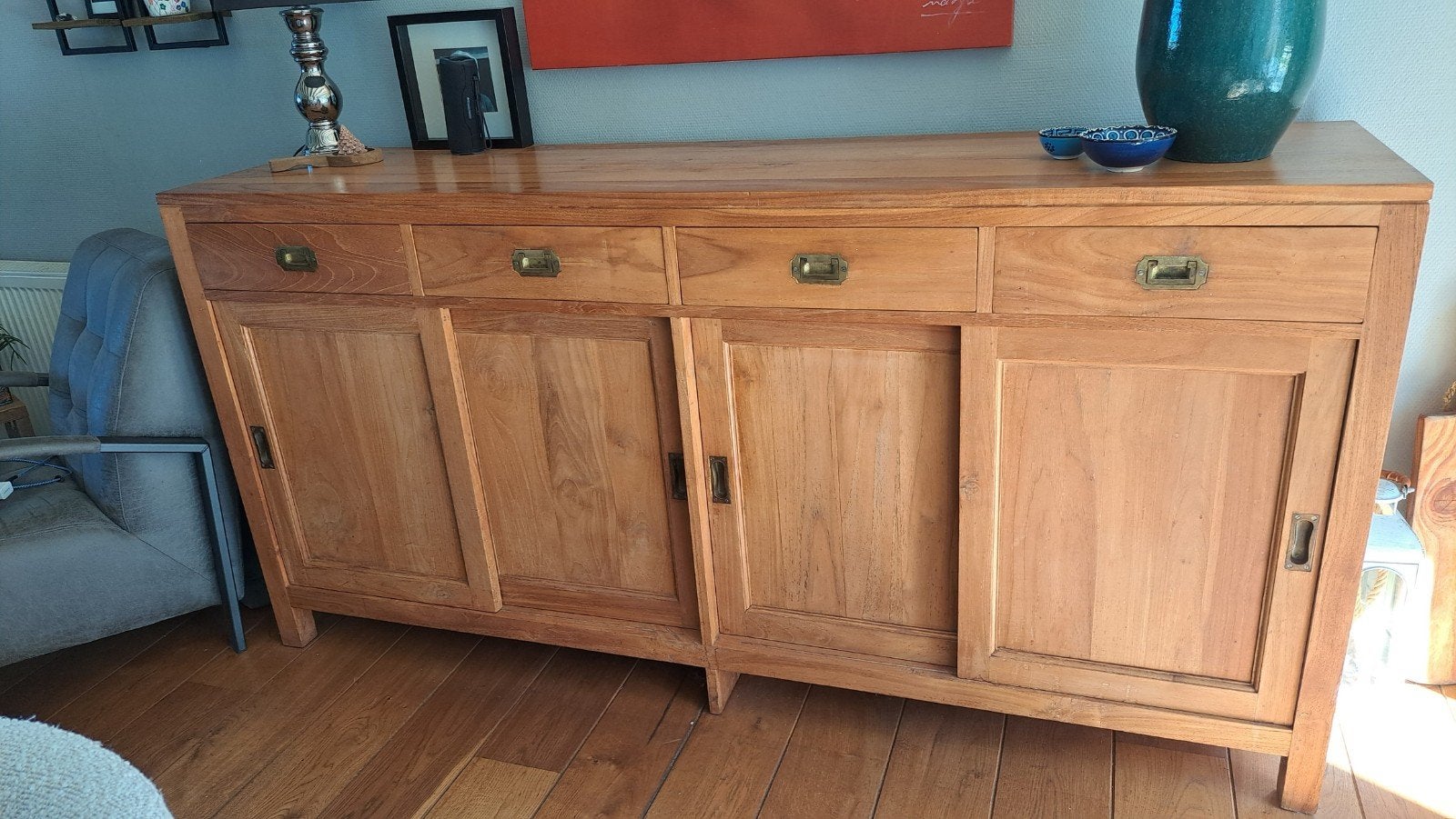 Massief houten dressoir met 4 schuifdeuren, 192 x 47 x 95 cm, Ophalen, Gebruikt, Met deur(en), 150 tot 200 cm