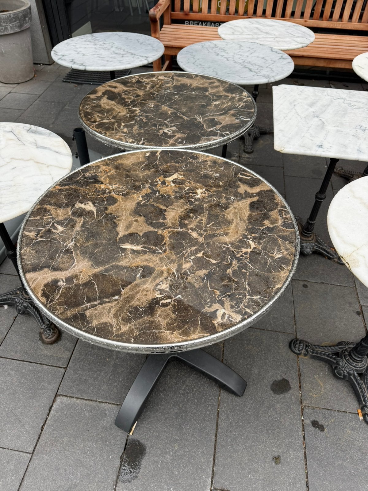 Terras tafels 5x, Tuin en Terras, Ophalen, Gebruikt, Rechthoekig, Hout
