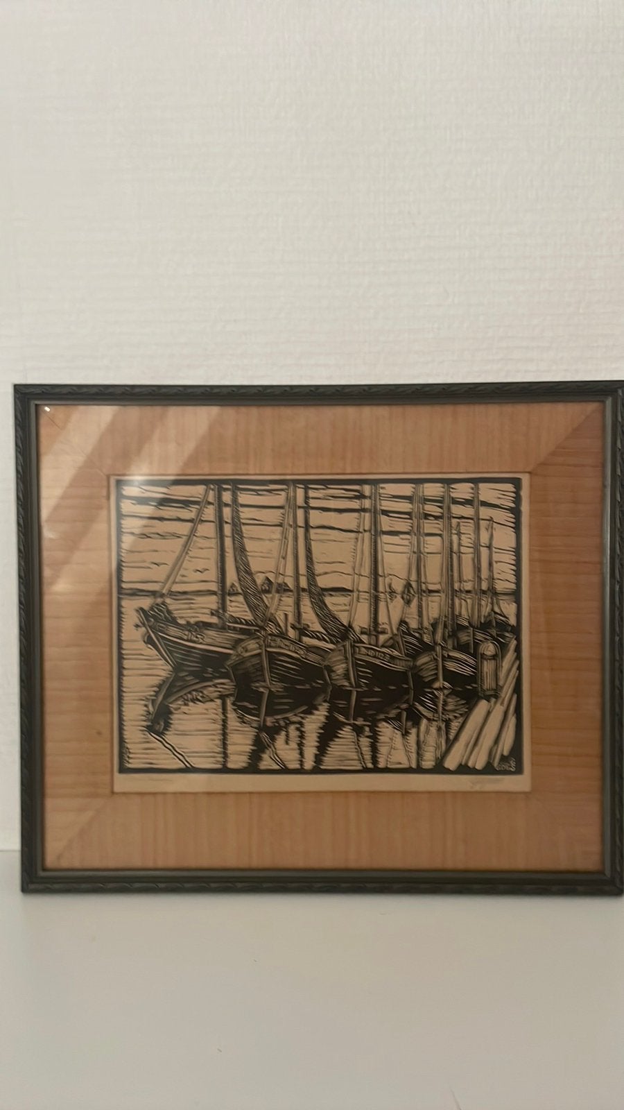 Rust in Helderse Haven G. Goes Lino snede, Antiek en Kunst, Ophalen, Dagelijks leven, Met tekst, Houtsnede