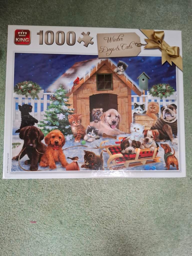 KING Legpuzzel 1000 stukjes Winter Dogs & Cats, Hobby en Vrije tijd, Ophalen of Verzenden, 500 t/m 1500 stukjes, Zo goed als nieuw