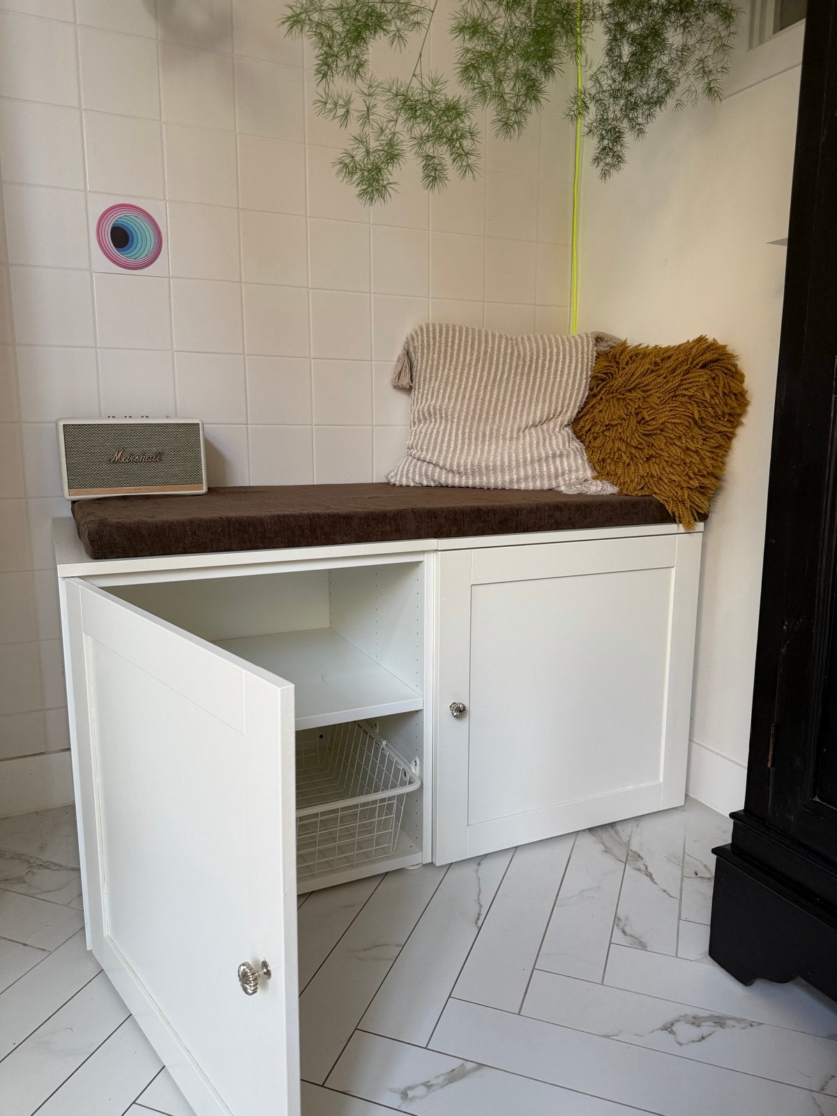 Witte opbergbank met bruin kussen - IKEA, Gebruikt, Minder dan 75 cm, Ophalen of Verzenden, Minder dan 150 cm