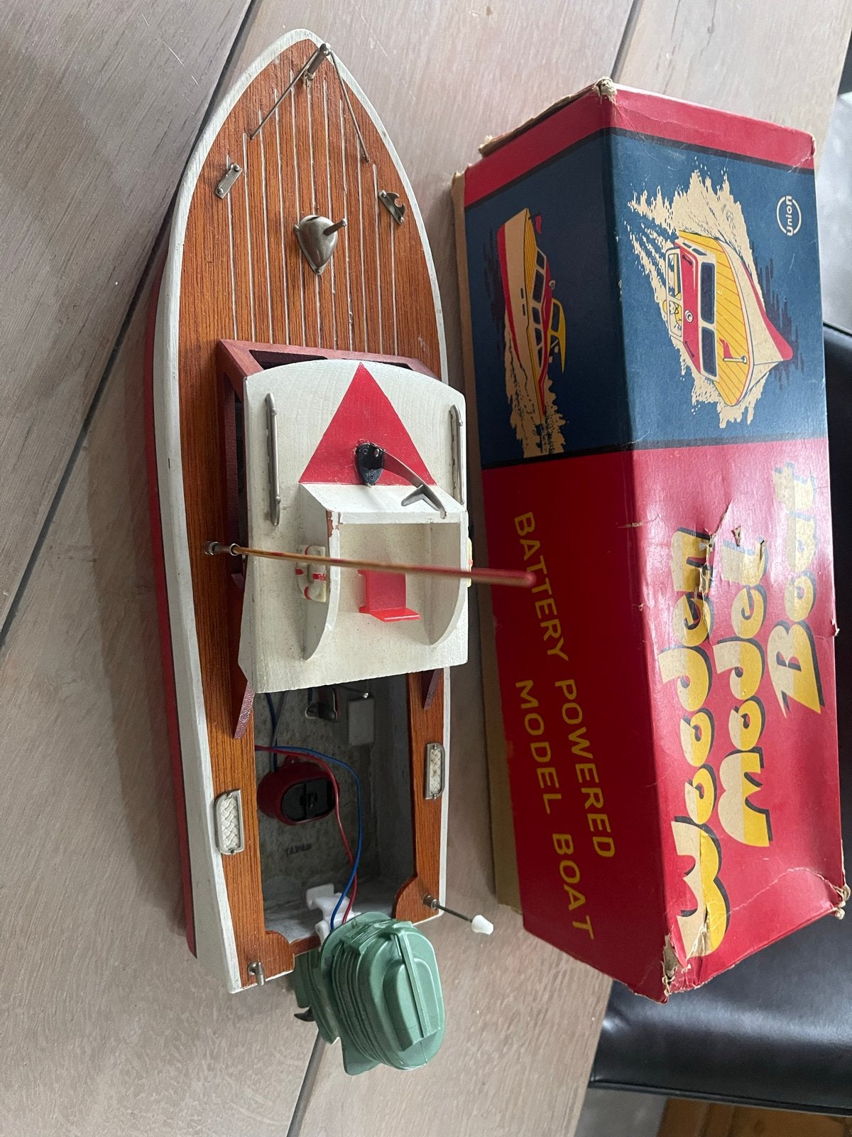 Vintage houten modelboot speelgoed jaren '60 met doos, Ophalen of Verzenden, Gebruikt, Groter dan 1:32, Overige merken