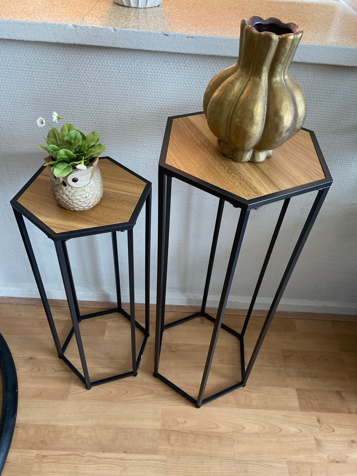 Set van 2 Plantenstandaards - Metaal & Hout, Huis en Inrichting, Tafels | Bijzettafels, Ophalen, Minder dan 55 cm, Zo goed als nieuw