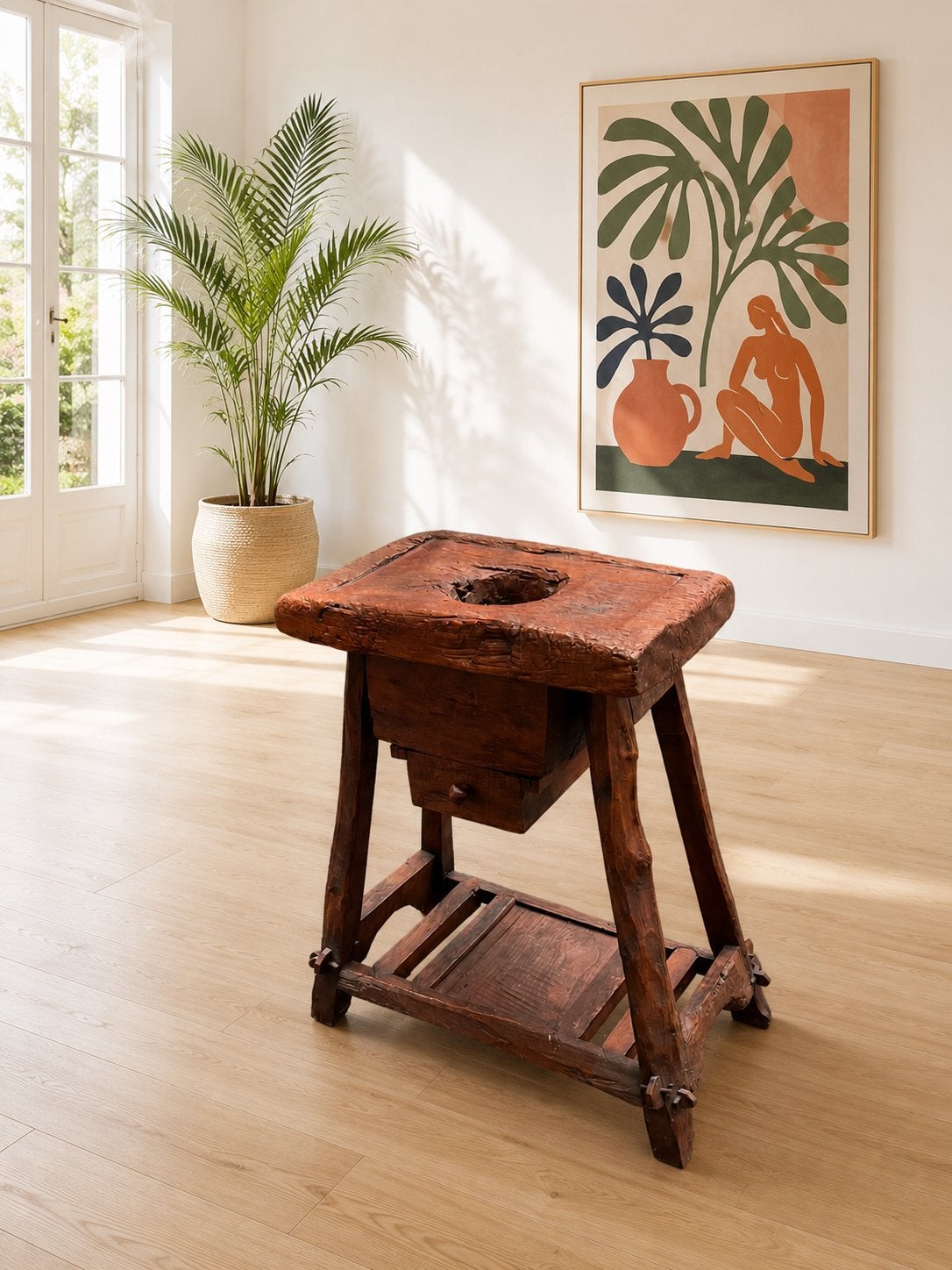 Antieke rijststamper halmeubel Indonesië houtverbinding, Antiek en Kunst, Ophalen