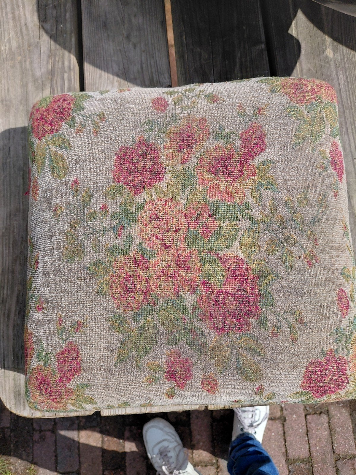 Vintage Voetenbankje met Bloemenpatroon, Ophalen, Hout, Minder dan 50 cm, Gebruikt