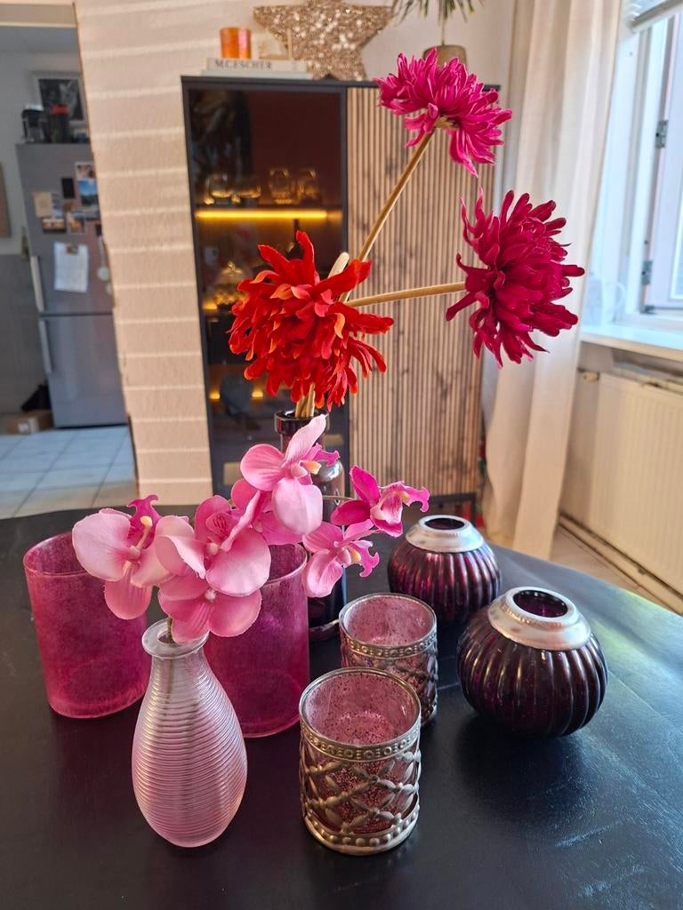 Diverse roze accessoires: vazen, theelichthouders, Overige kleuren, Ophalen of Verzenden, Minder dan 50 cm, Glas