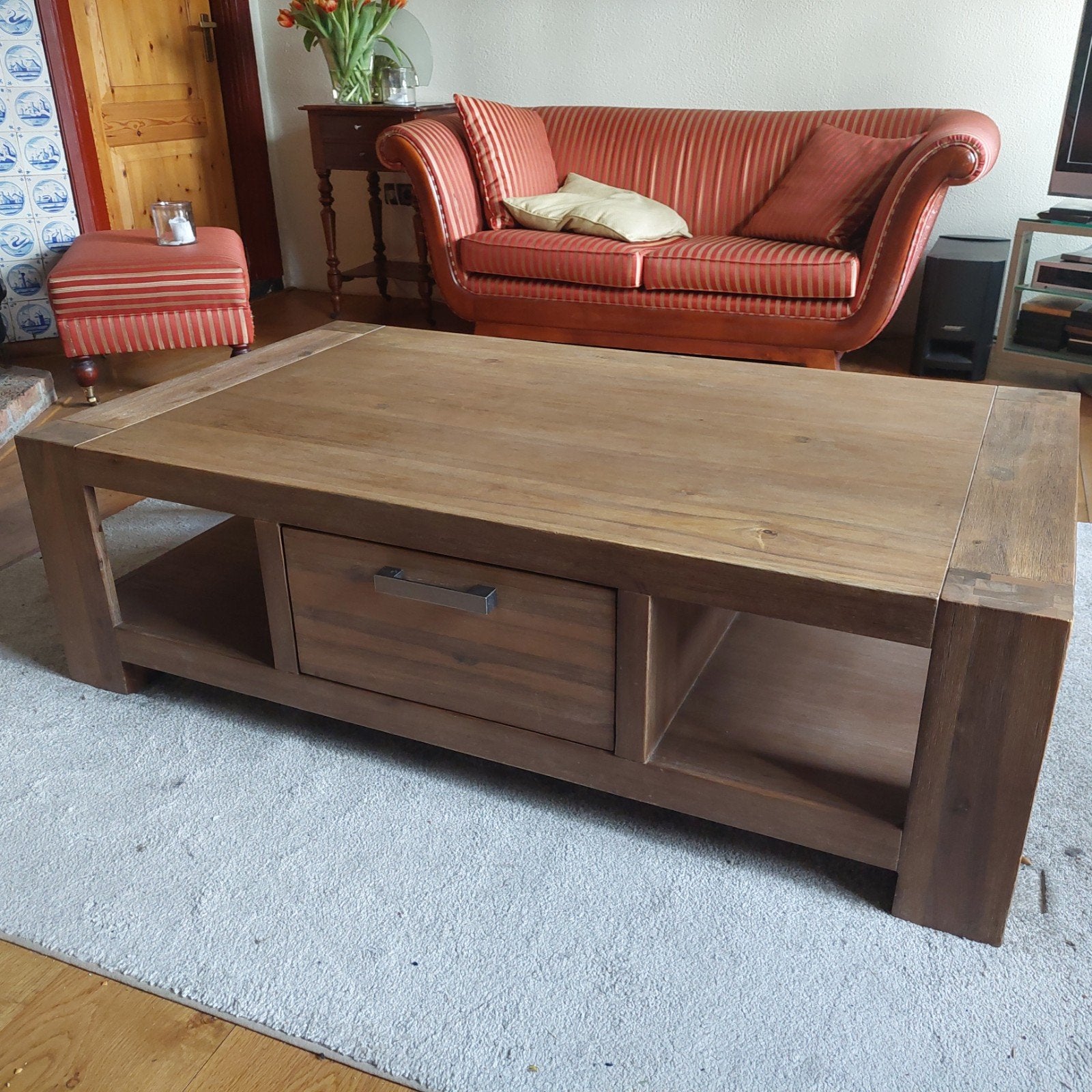 Acacia Houten Salontafel 140x80x41 cm met Lade, Ophalen, Gebruikt, 100 tot 150 cm, 50 tot 100 cm