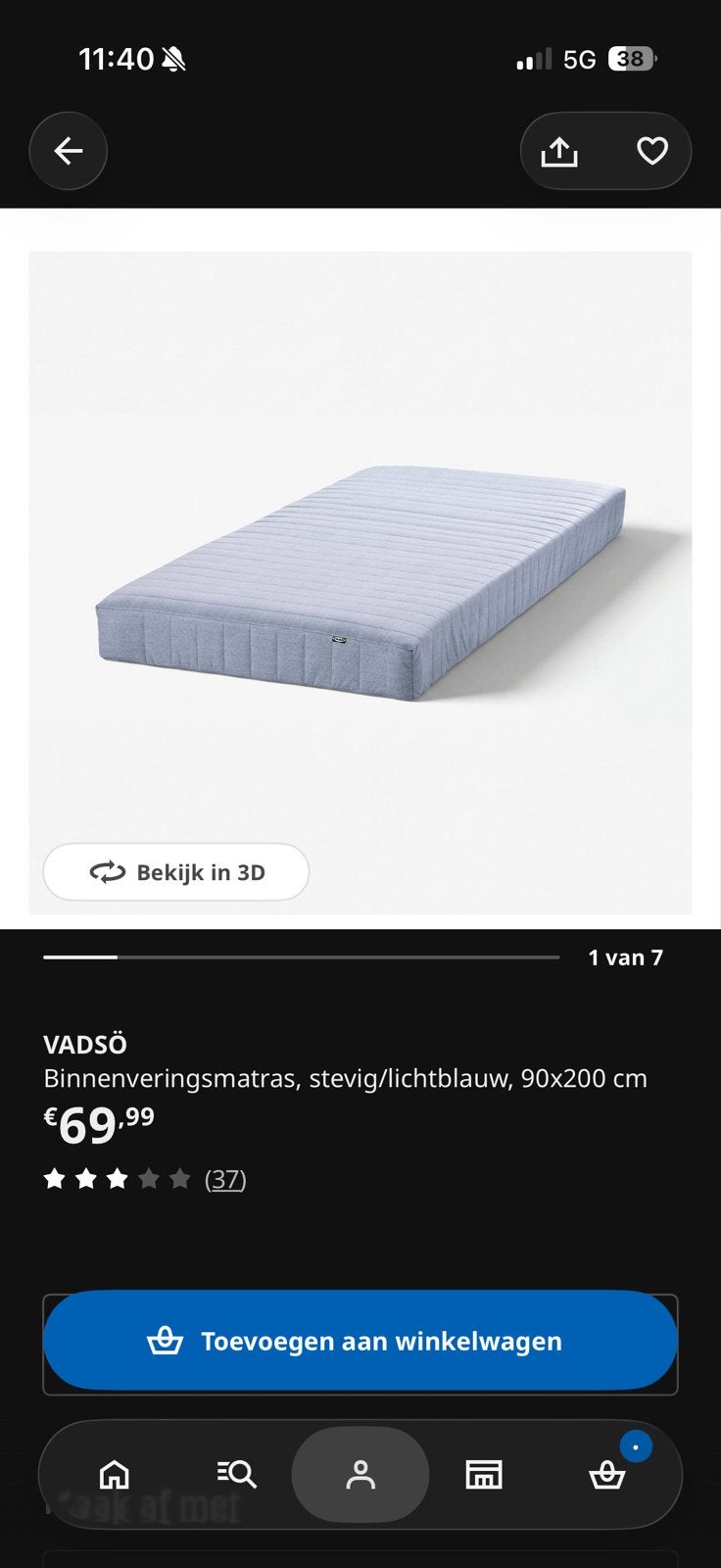 IKEA Vadsö matras 90x200 cm - Zo goed als nieuw, Ophalen, 90 cm, Eenpersoons, Zo goed als nieuw